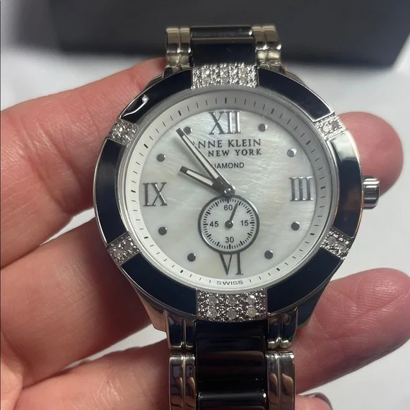 Anne Klein Silver and Black Watch & Real Diamonds NWT - www  display picture 3